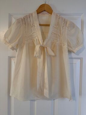Rebecca Taylor Ivory Tie-Neck Lace Yoke Blouse